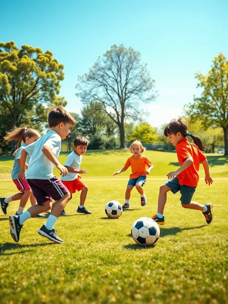A vibrant image of children participating in a soccer training session, showcasing teamwork and fun, set against a sunny outdoor field at AGSE AVANT GARDE SPORTI ESSART.