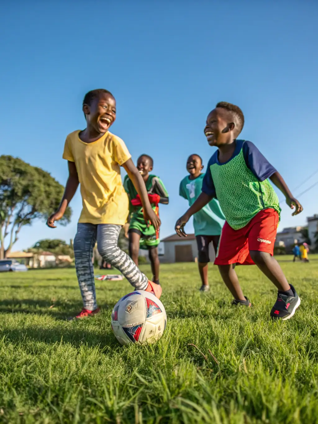 A vibrant image of children playing soccer on a sunny field, wearing AGSE jerseys, showcasing youth sports program.