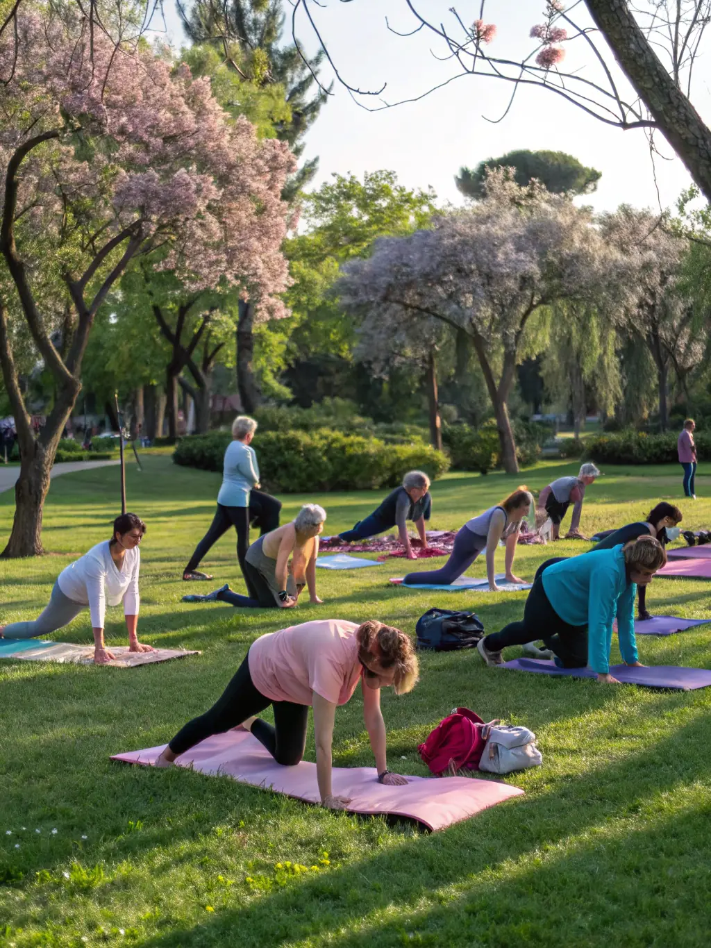 A serene image of a yoga class taking place outdoors in a park, emphasizing the recreational fitness activities.