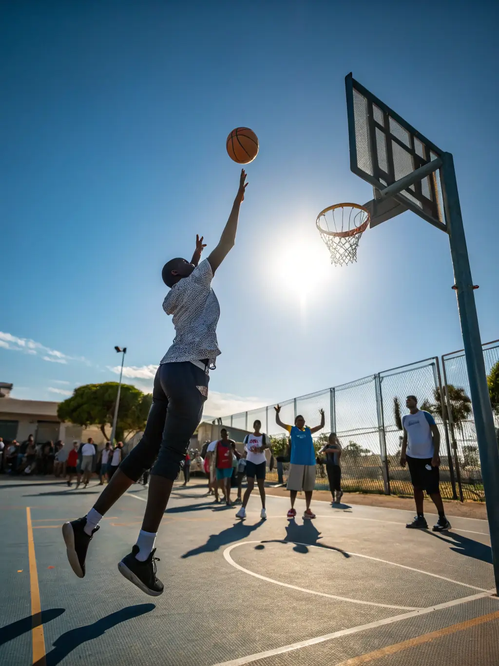 A dynamic shot of adults engaged in a basketball game, highlighting the energy and competitive spirit of the adult basketball league at AGSE AVANT GARDE SPORTI ESSART.