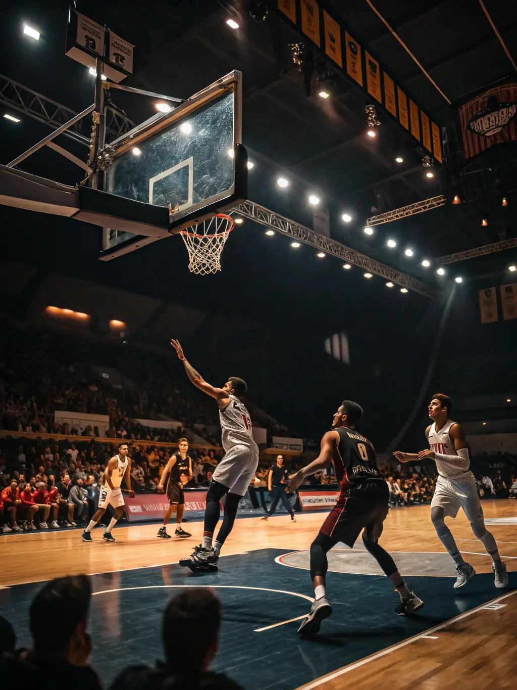 A dynamic shot of adults participating in a basketball game in an indoor court, highlighting the adult sports league.